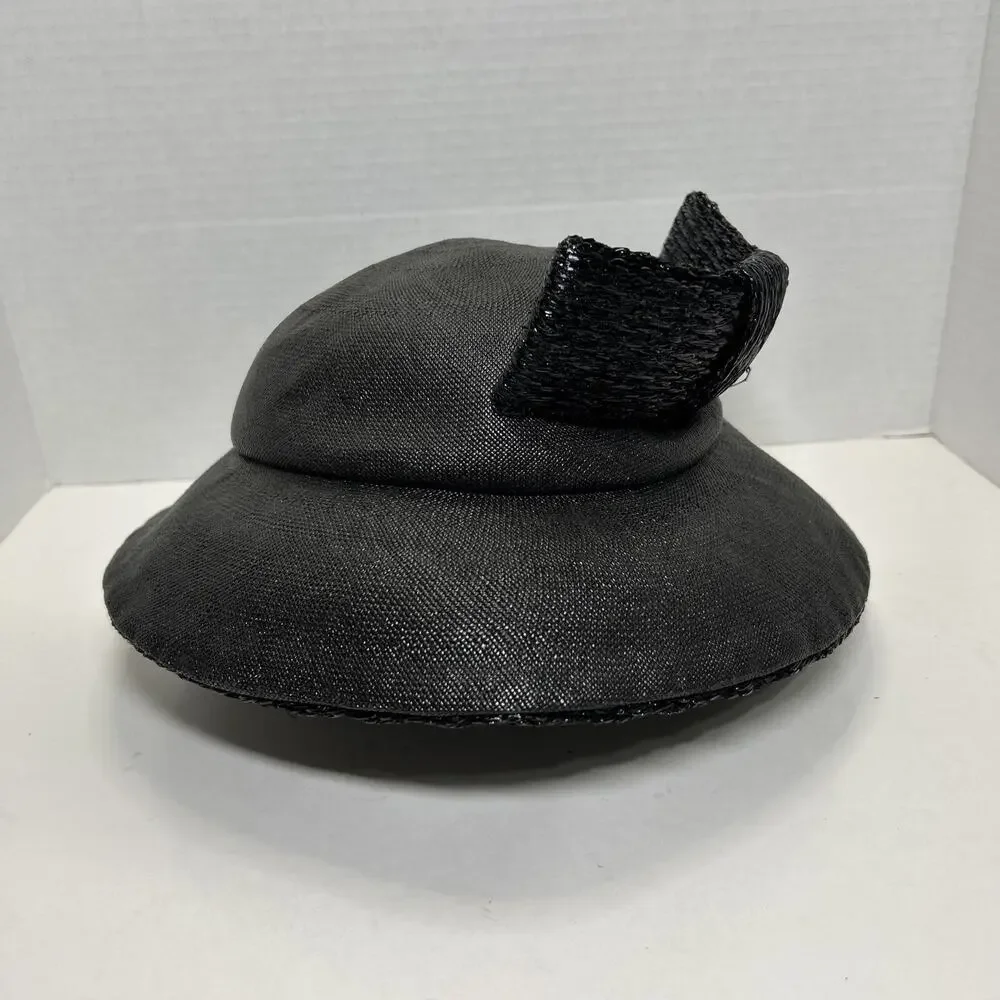Vtg Hattie Carnegie I Magnin Co., Black Cloche Hat 1950s Woven Ratten Bow Hat